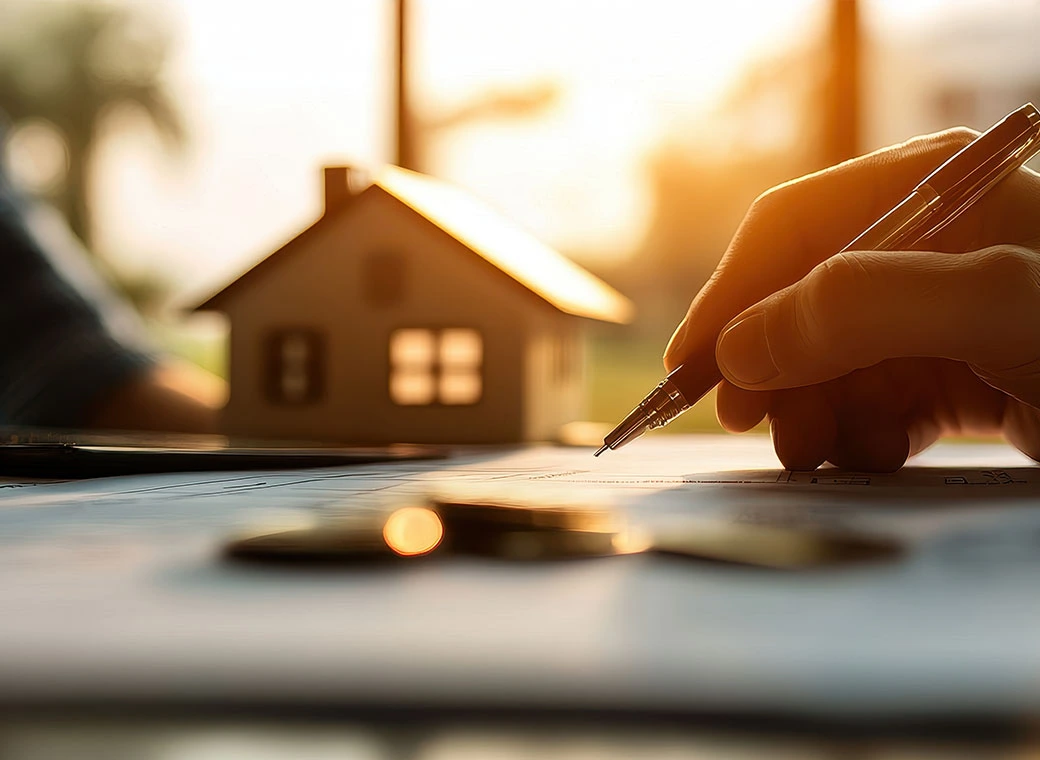 Persona escribiendo con una casa de fondo