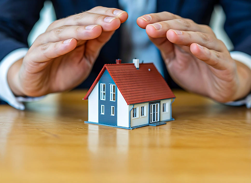Persona con sus manos encima de una casa pequeña