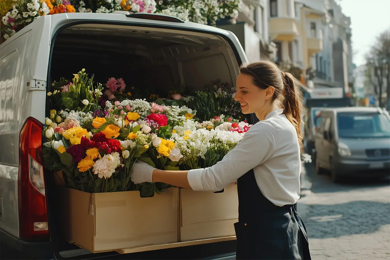 mujer junto a flores