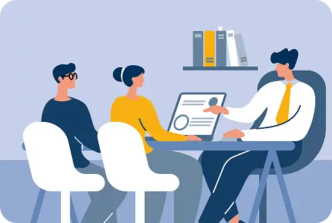 Ilustración de personas en sala de ventas