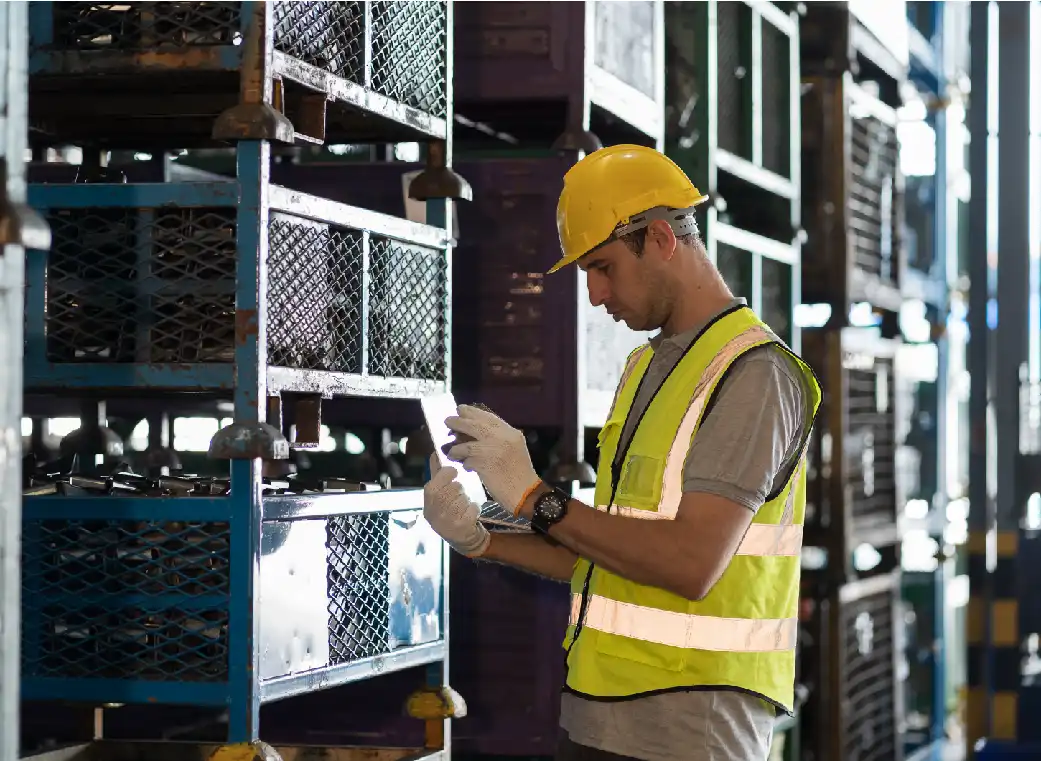 Trabajador con casco y chaleco revisando inventario en un almacén