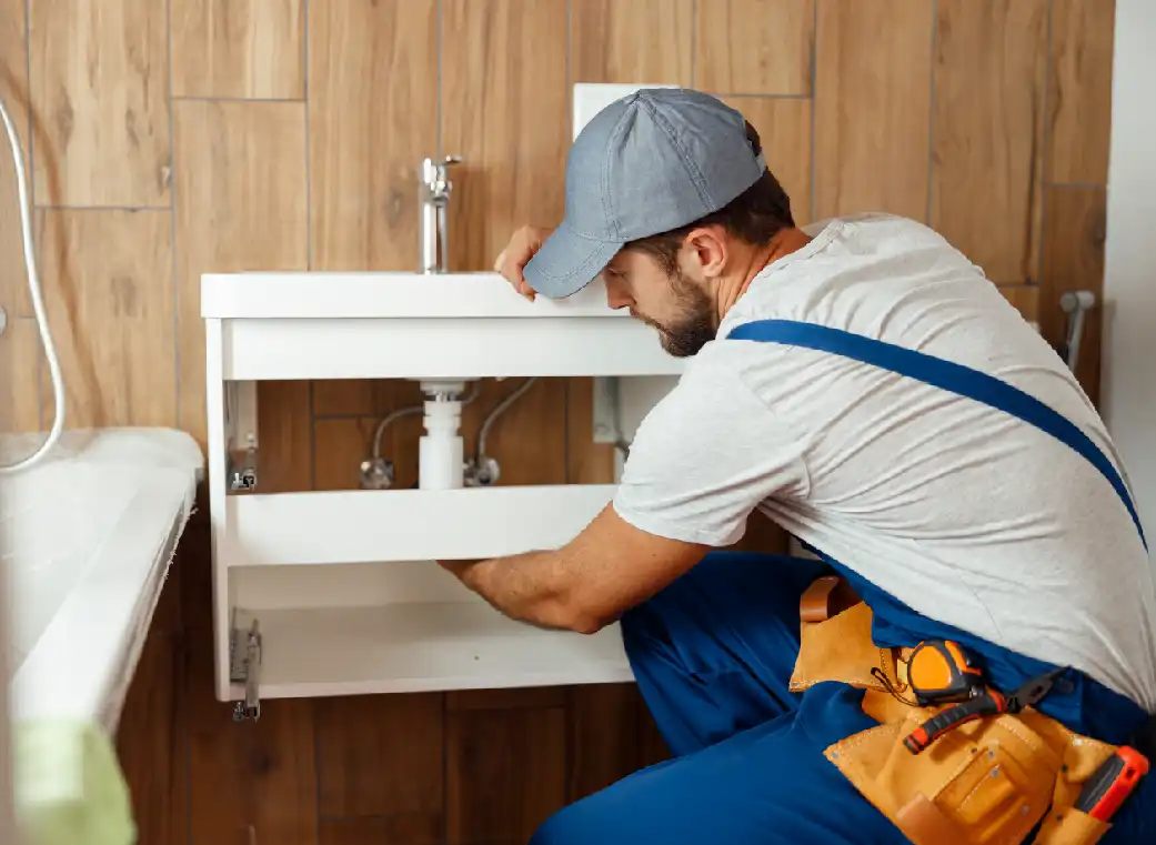 Hombre agachado arreglando lavamanos